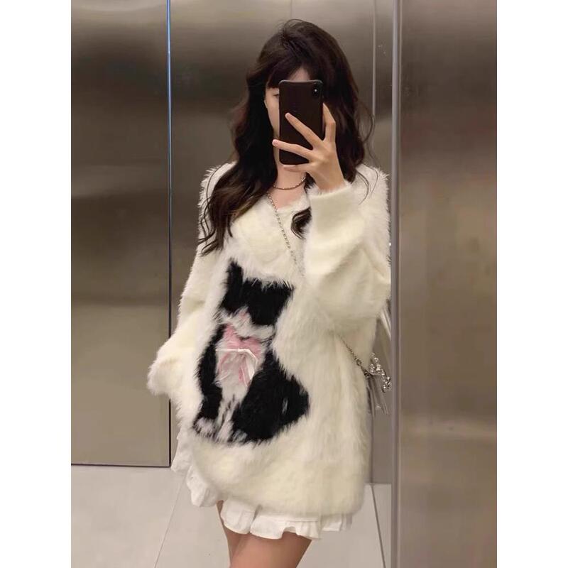 White Mink Velvet Cat Jacquard Sweater, Autumn and Winter, Lazy and Stylish, Loose, Soft and Thick, Inner Knit Top
