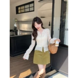 Осенний комплект, зеленый лонгслив, свитер, кружевная куртка, юбка