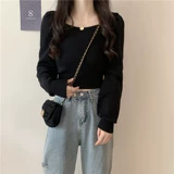 Черный короткий лонгслив, свитер, осенний, коллекция 2022, оверсайз, квадратный вырез, рукава фонарики, французский стиль