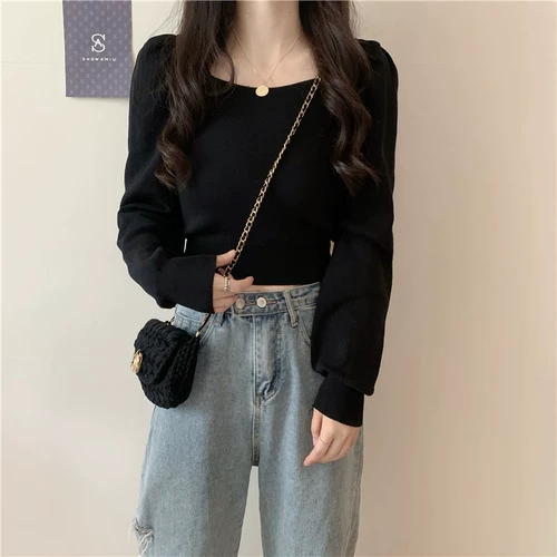 Черный короткий лонгслив, свитер, осенний, коллекция 2022, оверсайз, квадратный вырез, рукава фонарики, французский стиль