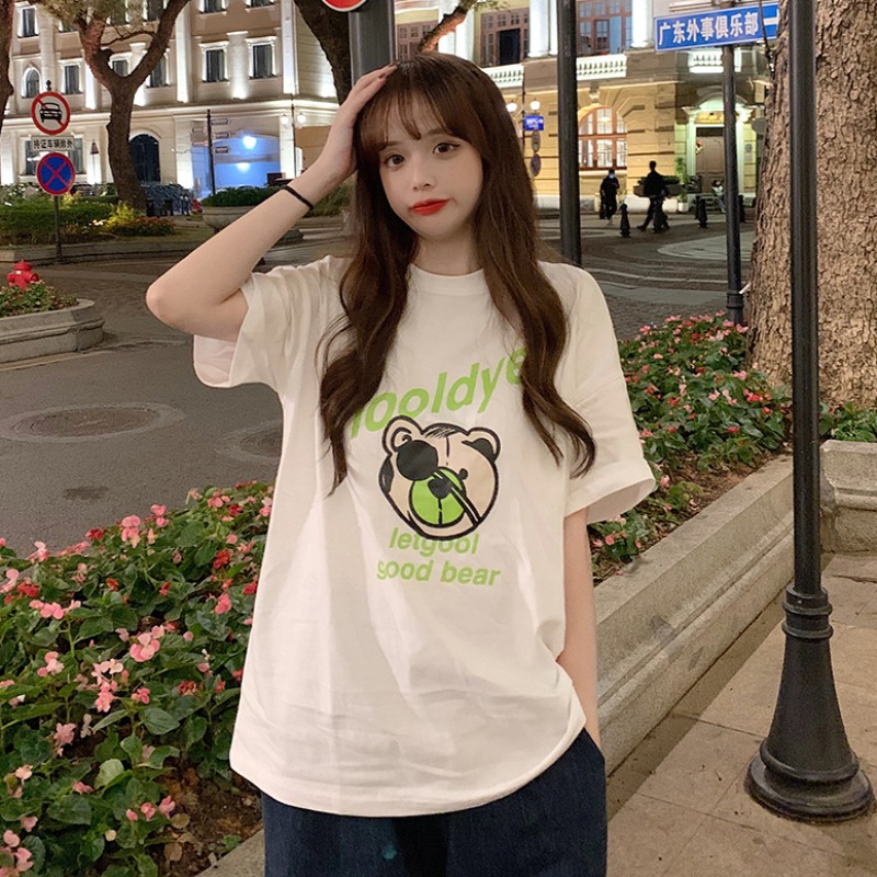 White blouses female summer 2022 new Korean version loose with slim bear printed short sleeves Don't make a small crowd T-shirt