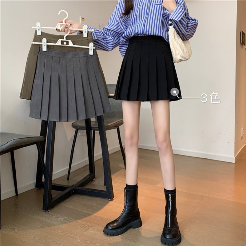 Autumn Winter New Skirt Small Tall Waist A Character Half Body Dress Woman Dress Black 100 Pleat Design Feel Small crowdskirt
