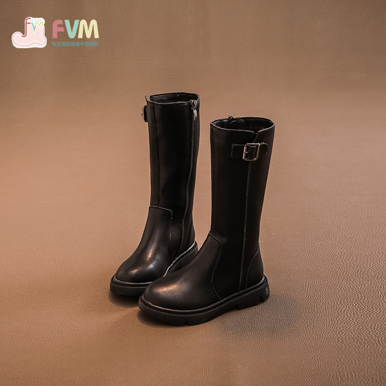 Girls' shoes, children's long boots 2023 autumn and winter new winter long-tube baby high-top black leather boots with velvet style