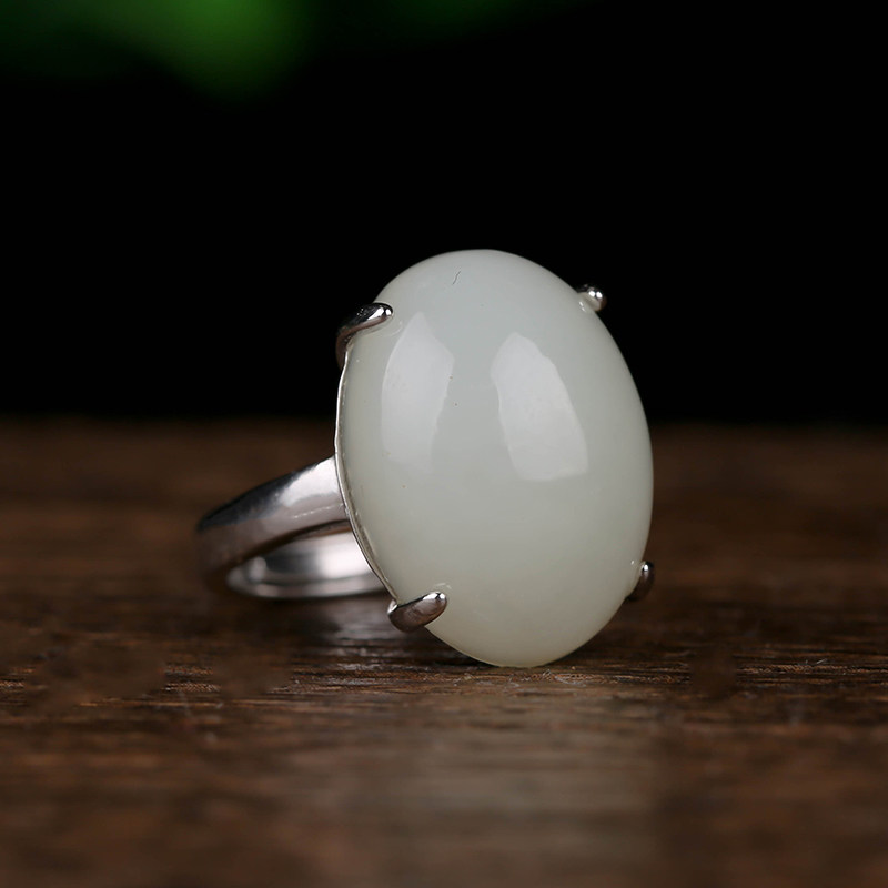 And Tian Jade Ring Woman's pure silver Jane about 925 silver inlaid ring naked stone ring surface with certificate white jade ring