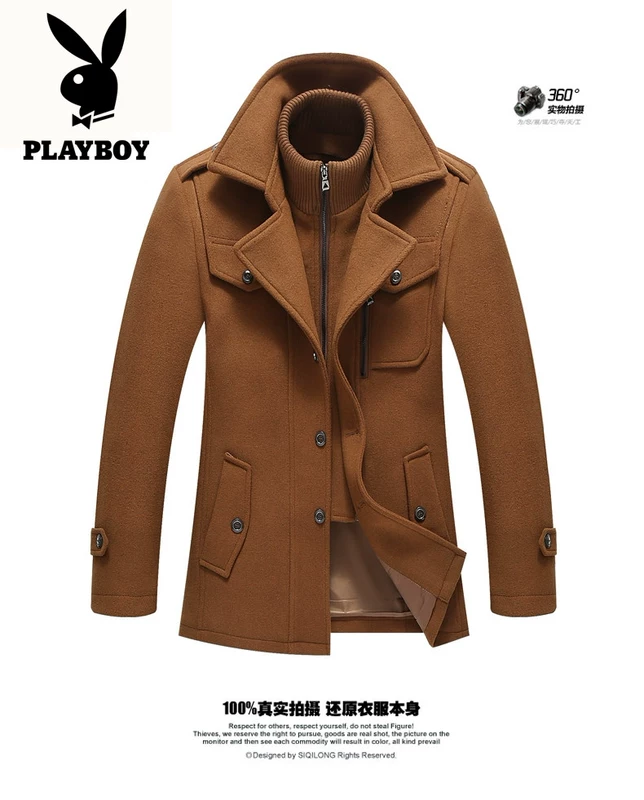 Playboy VIP len áo khoác mùa đông dày đôi cổ trung niên áo len dài trench coat áo jean nam