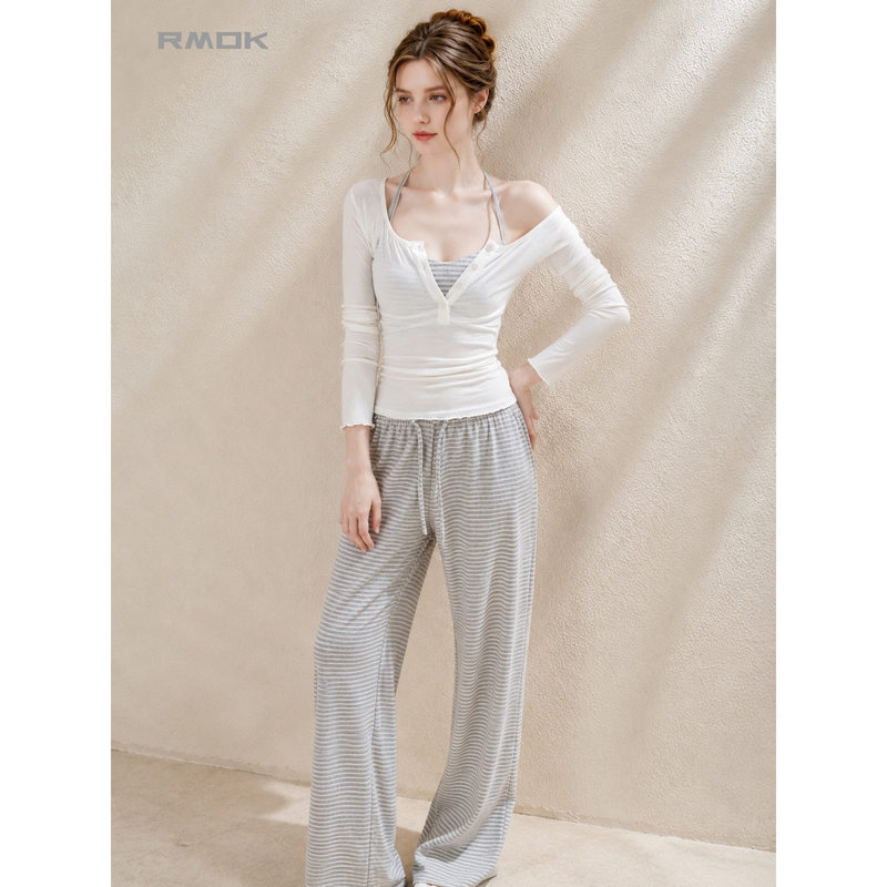 French Rmok Modal Pajamas for Women 2026 New Summer Camisole Long-Sleeved Long Pants Three-Piece Set Home Wear