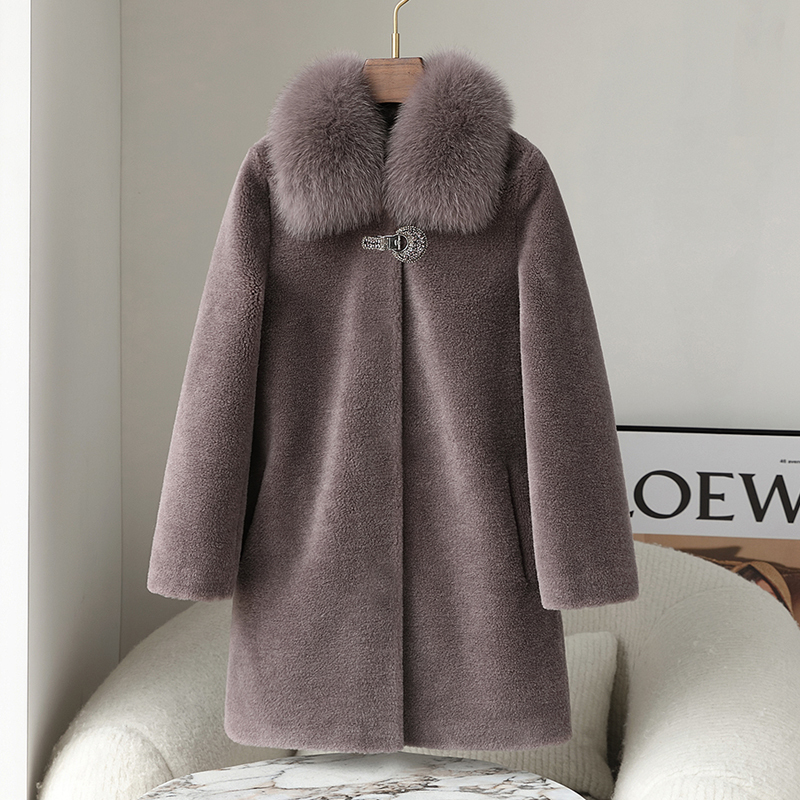 2025 New Style Sheep Shearling Coat for Middle-Aged and Elderly Women, Mother's Fox Fur Collar, Particle Fleece Fur Integrated Fur Coat