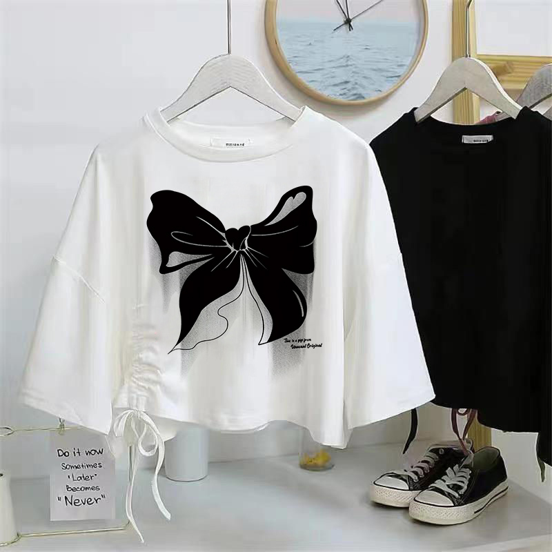 Hyuna Style Short-Sleeved T-Shirt for Women ins Trendy Korean Version Student Loose Drawstring Midriff-Baring High-Waisted Top for Women Summer