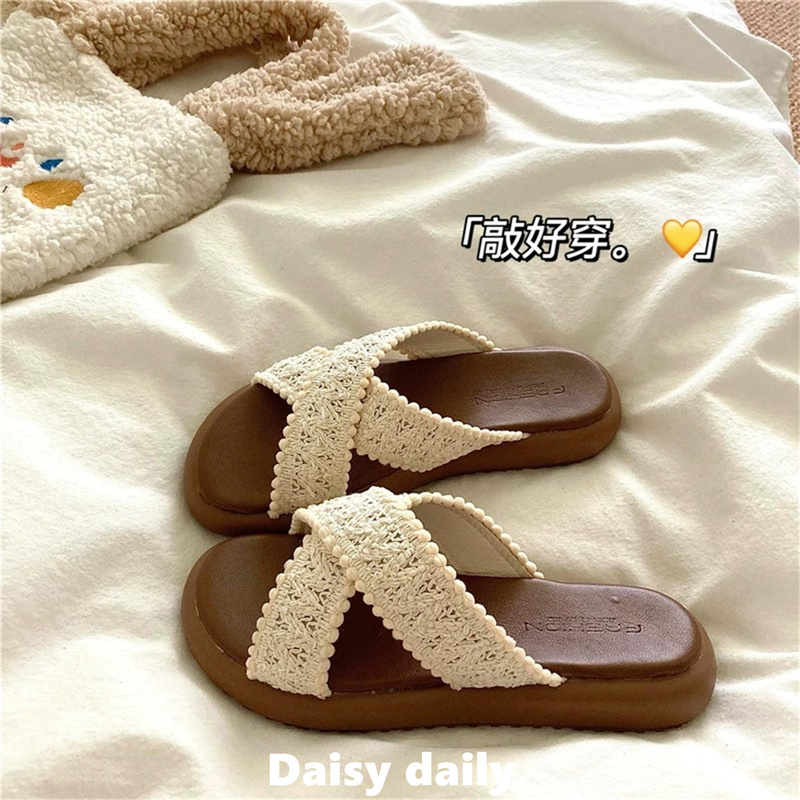 Bohemian Island Style~! French Gentle Style ins Thick-Soled Slippers for Women, Summer Outdoor Wear, Non-Slip Beach Flip-Flops