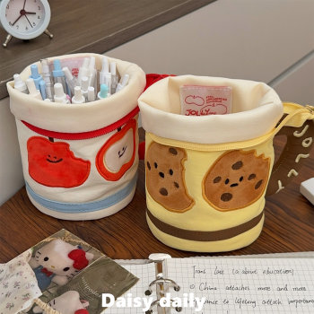 Cute red apple cylinder standing pencil bag large capacity high-value zipper stationery storage bag for junior and senior high school students