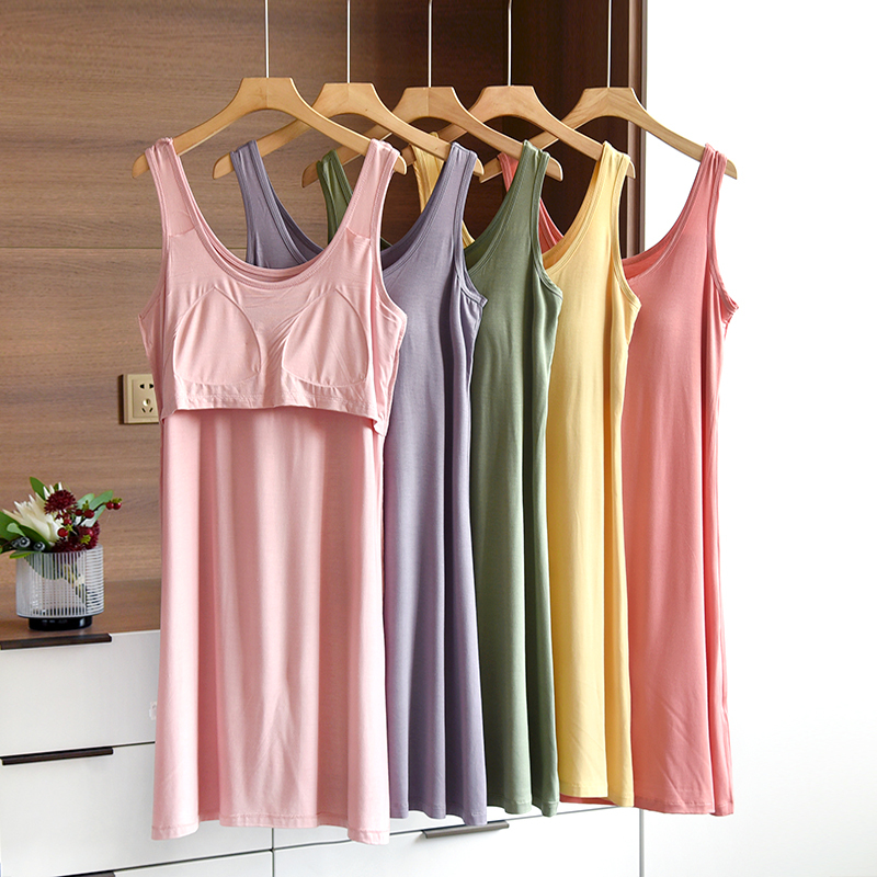 Summer Modal Padded Camisole Nightdress for Women, Thin Breathable Strapless Sleeveless Dress, Solid Color, Can Be Worn Outside