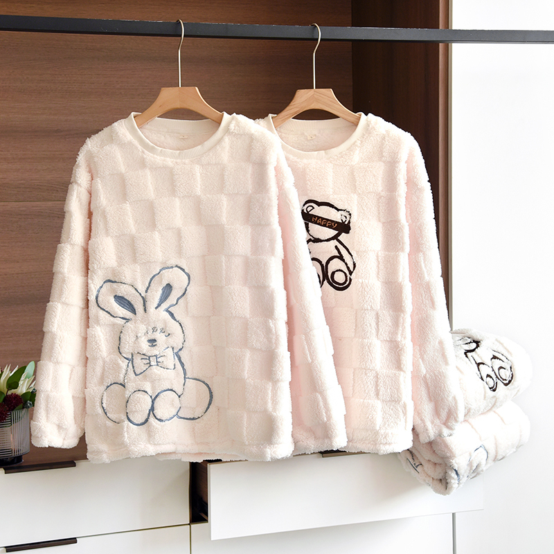 Autumn and Winter Couple's Flannel Pullover Single-Piece Long-Sleeved Loungewear for Men and Women, Thickened Coral Fleece Pajamas That Can Be Worn Outside
