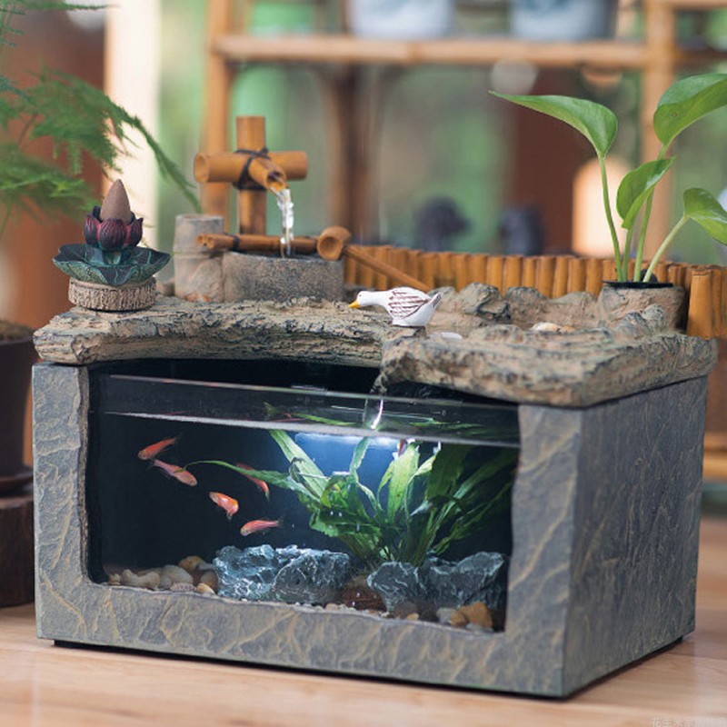 Desk fish tank landscaping package new Chinese decoration glass tank living room small decorative aquarium mini home