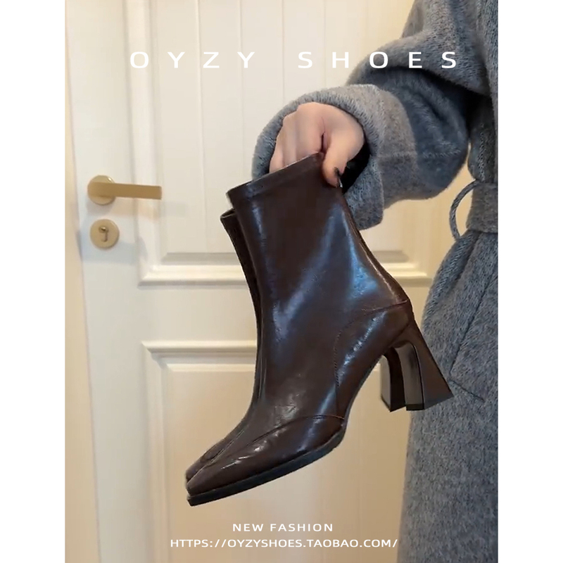 Retro High-Heeled Shoes, Slim Boots for Women, Autumn and Winter New Style Square-Toe Boots, Thick-Heeled Elastic Short Boots, Brown Maillard Women's Boots Retro High-Heeled Shoes, Slim Boots for Women, Autumn and Winter New Style Square-Toe Boots, Thick-Heeled Elastic Short Boots, Brown Maillard Women's Boots