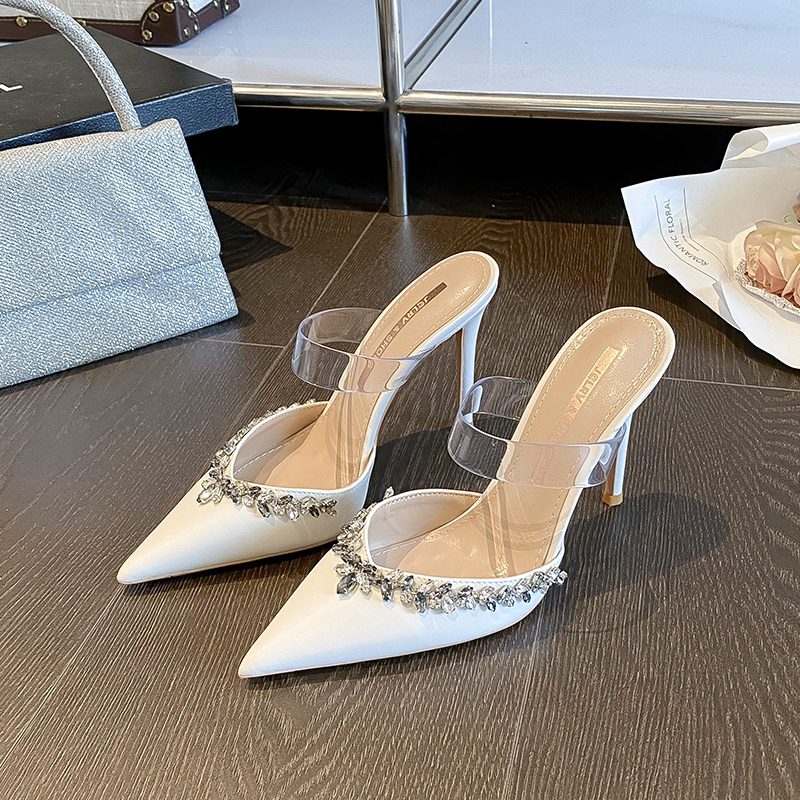 Liliy Mei Niche Design Stylish White Sandals for Women, Stiletto Pointed Toe Mules, Closed-Toe Rhinestone High Heels Liliy Mei Niche Design Stylish White Sandals for Women, Stiletto Pointed Toe Mules, Closed-Toe Rhinestone High Heels