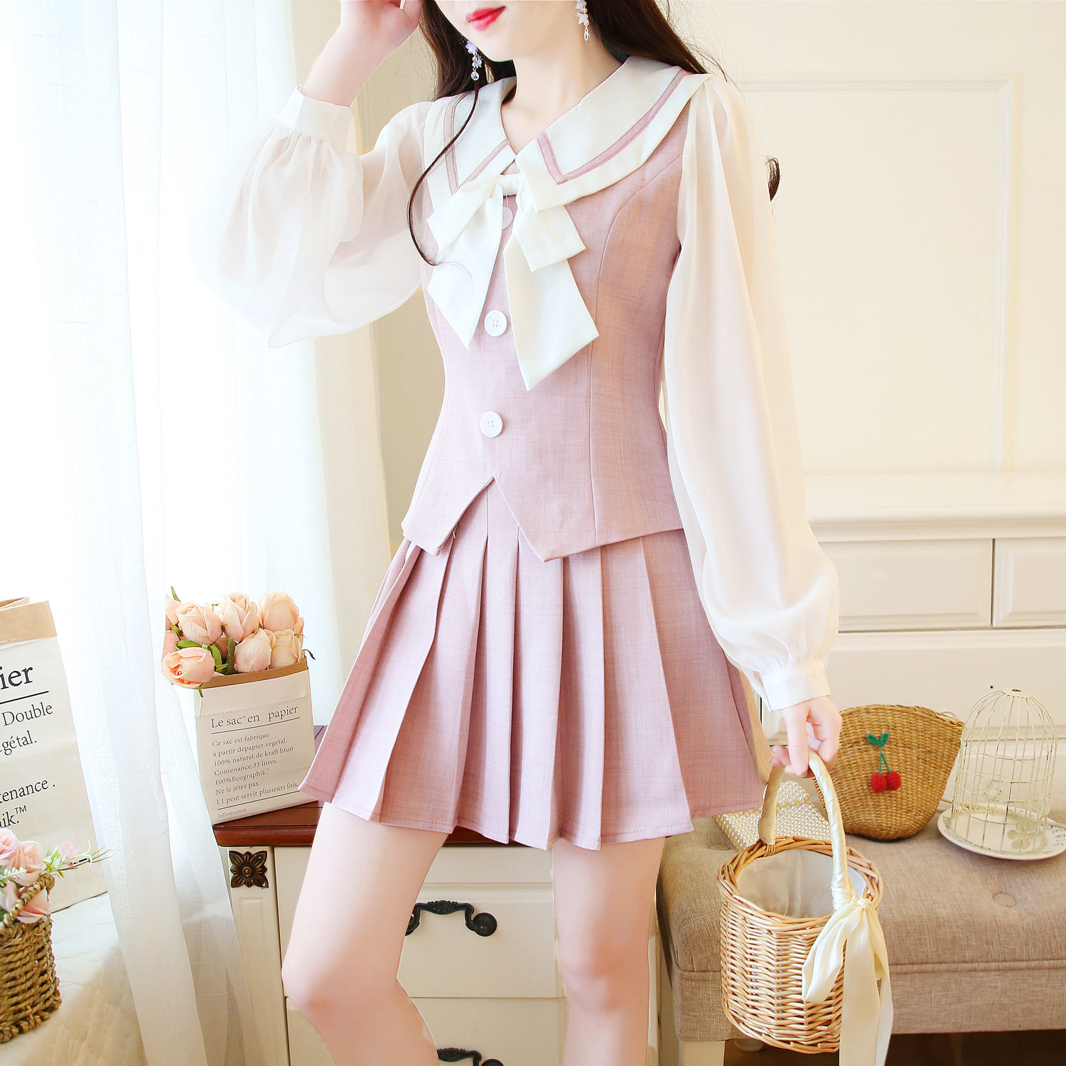 VK旗艦店 韓國學院風雪紡拼接百褶半身裙套裝長袖裙裝