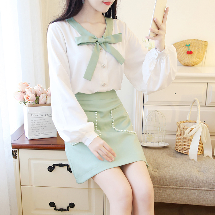 VK旗艦店 韓系抹茶綠蝴蝶結雪紡衫短裙套裝長袖裙裝