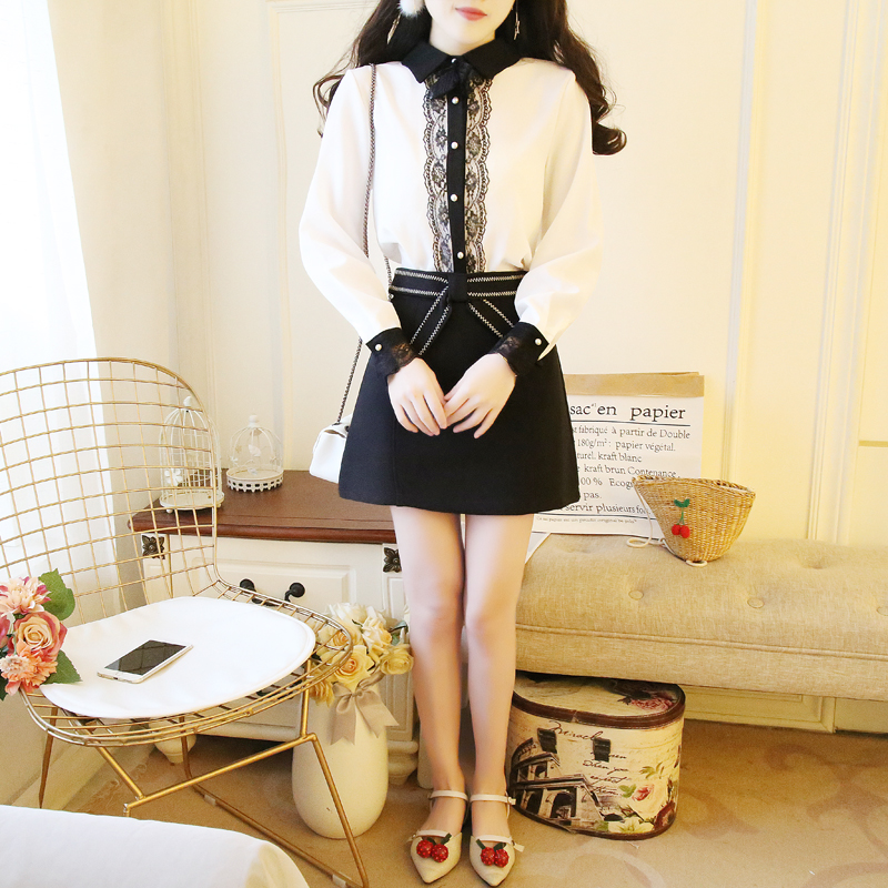 VK旗艦店 韓國風淑女氣質紡襯衫高腰短裙套裝長袖裙裝