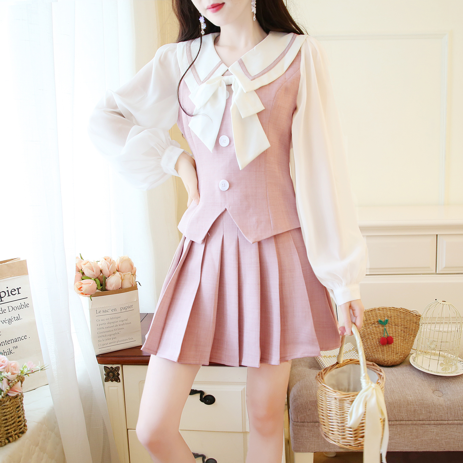 VK旗艦店 韓國學院風雪紡拼接百褶半身裙套裝長袖裙裝