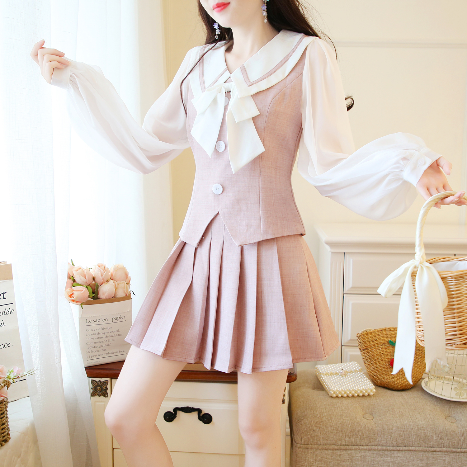 VK旗艦店 韓系雪紡拼接上衣百褶短裙套裝長袖裙裝