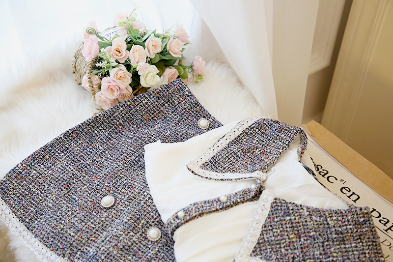 VK旗艦店 韓系雪紡上衣粗花呢排釦裝飾套裝長袖裙裝