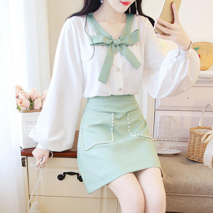 VK旗艦店 韓系抹茶綠蝴蝶結雪紡衫短裙套裝長袖裙裝