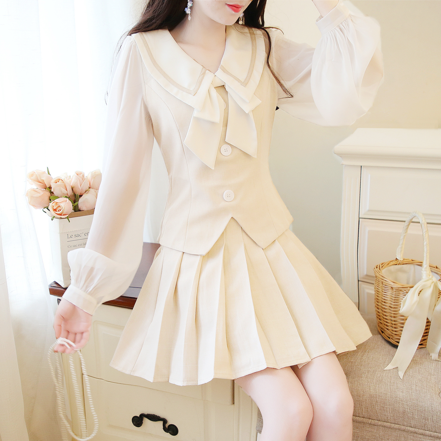 VK旗艦店 韓系雪紡拼接上衣百褶短裙套裝長袖裙裝