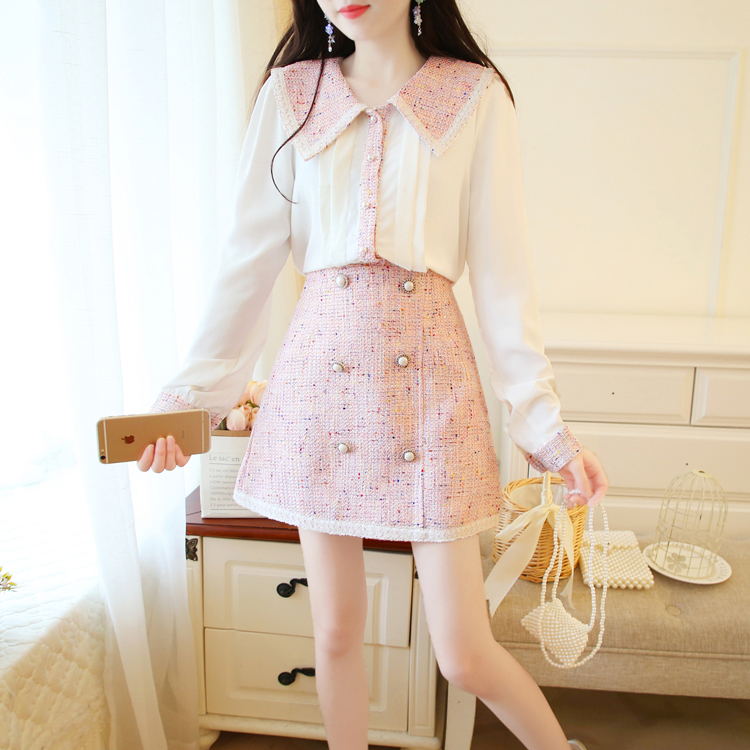 VK旗艦店 韓系雪紡上衣粗花呢排釦裝飾套裝長袖裙裝