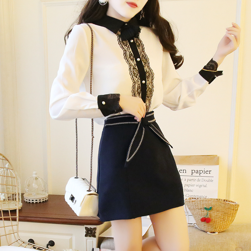 VK旗艦店 韓國風淑女氣質紡襯衫高腰短裙套裝長袖裙裝