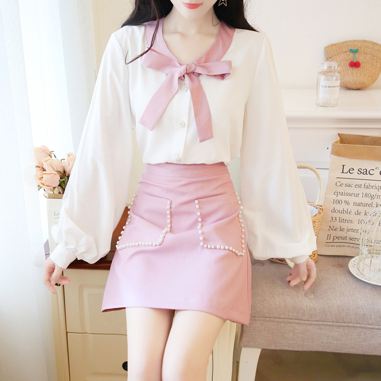 VK旗艦店 韓系抹茶綠蝴蝶結雪紡衫短裙套裝長袖裙裝