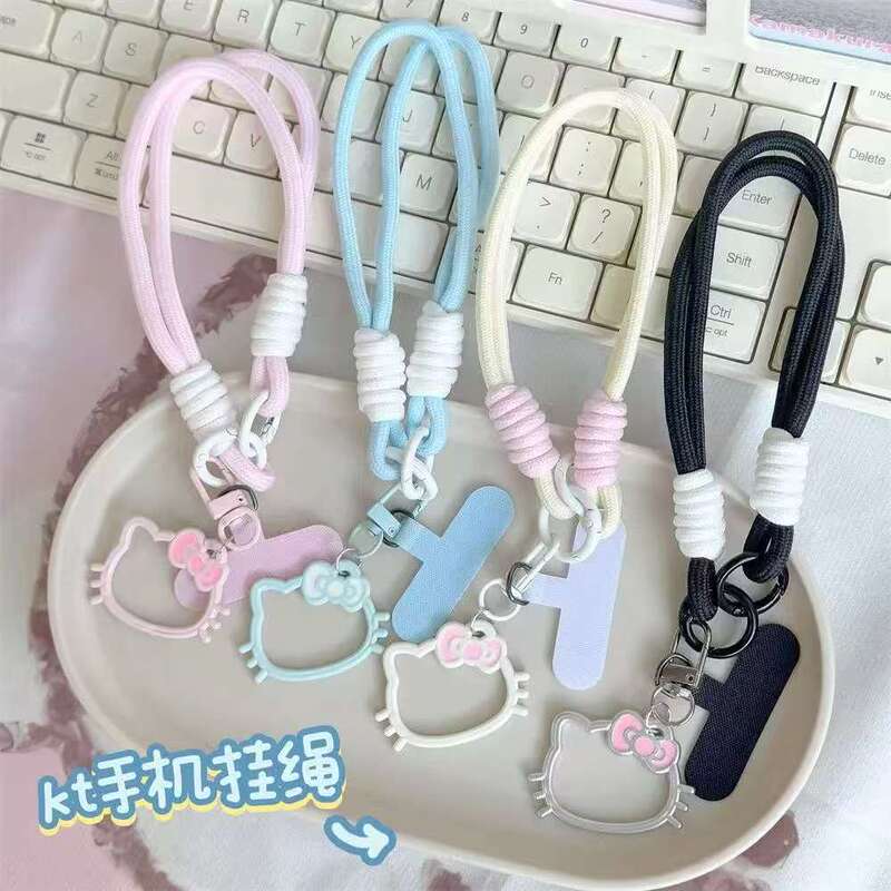Dopamine Kt Phone Color-Blocked Lanyard Wrist Strap Woven Ccd Camera Accessory Chain Keychain Short Style for Girls