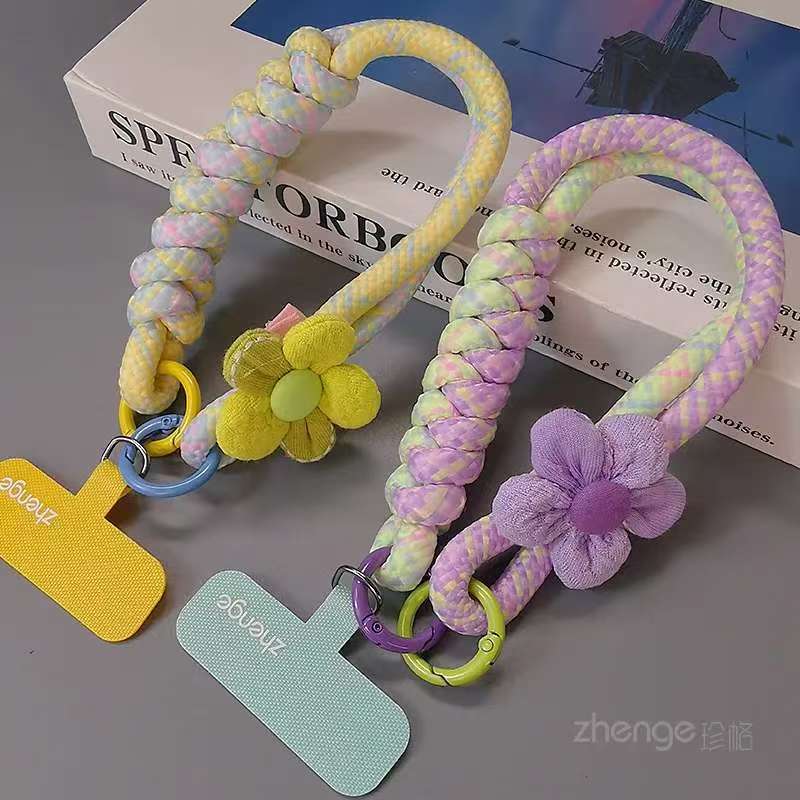 Mobile Phone Lanyard Wrist Strap Short Accessory Dopamine Flower Color-Blocking Woven Cotton Rope Outdoor Travel Anti-Drop Women's Decoration