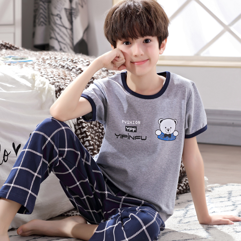 Trẻ em bông nhà quần áo mỏng đồ ngủ boy set boy lạnh bé mùa hè tay áo ngắn 12-15.