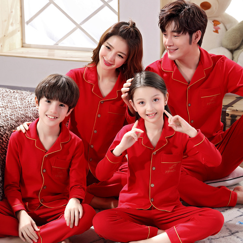 Parent-child Sleepwear Pants Sets Spring Fall Pure Cotton Long Sleeve Mother Woman Family Of Three Four-Mouth Red Family Cardiovert