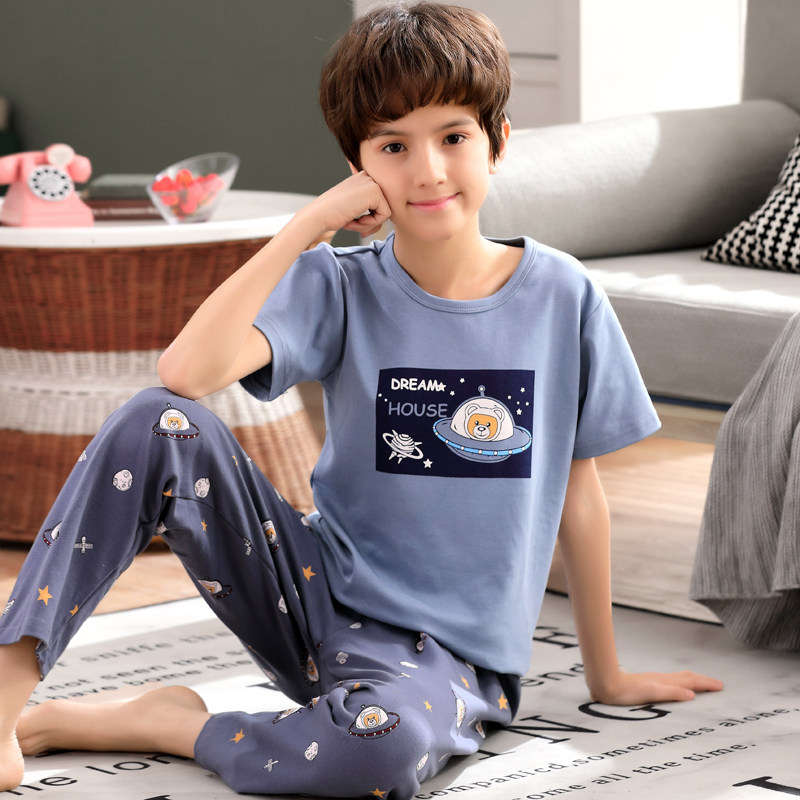 Boy's pajamas short sleeve trousers pure cotton summer boy children's children's thin summer summer cotton children's home clothing