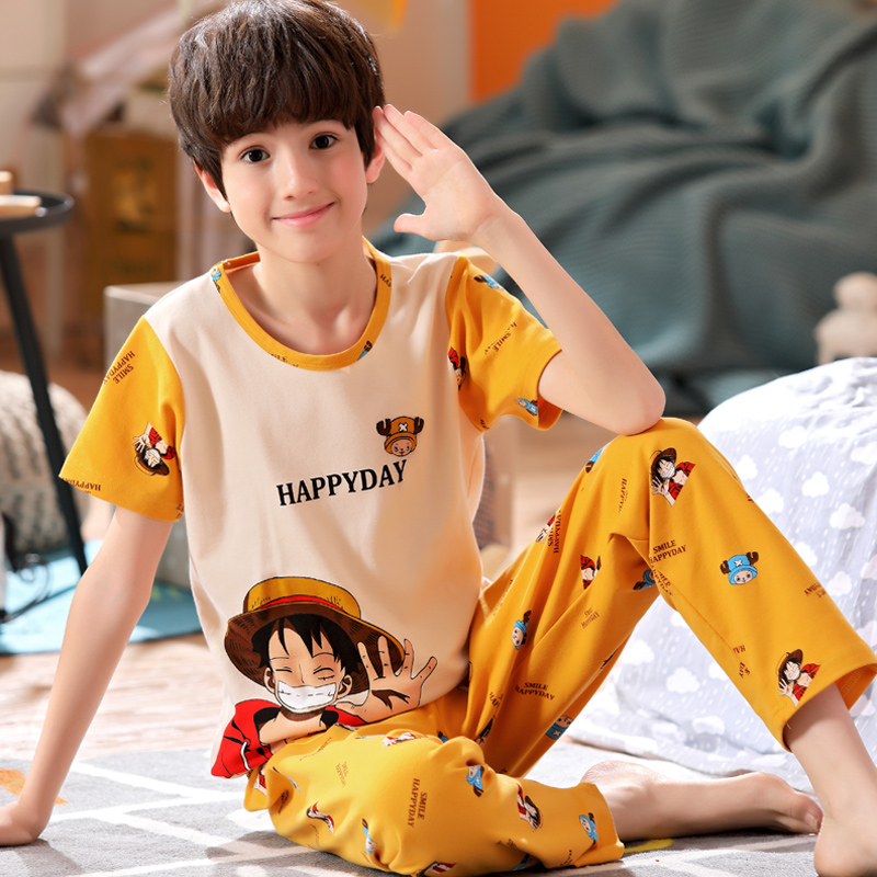 Trẻ em bông nhà quần áo mỏng đồ ngủ boy set boy lạnh bé mùa hè tay áo ngắn 12-15.