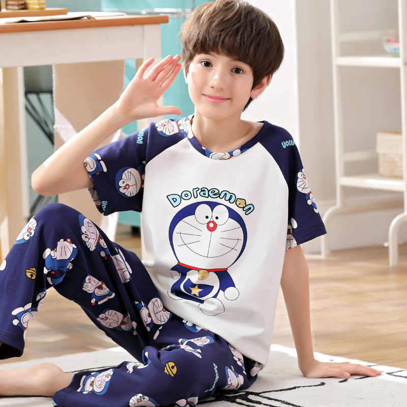 Trẻ em bông nhà quần áo mỏng đồ ngủ boy set boy lạnh bé mùa hè tay áo ngắn 12-15.