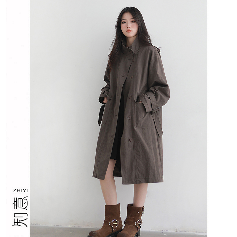 Cloud Wisdom Wrinkled Cotton Linen Oversized Workwear Trench Coat for Women 2026 Autumn Artistic Casual Stand Collar Long Coat