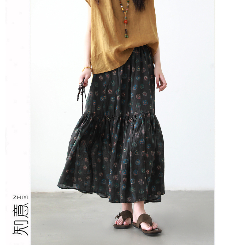 7.17/Cloud Zhiyi Niche Original Design Printed Cake Skirt for Women, Lazy Style, Artistic Retro Ramie Half Skirt 7.17/Cloud Zhiyi Niche Original Design Printed Cake Skirt for Women, Lazy Style, Artistic Retro Ramie Half Skirt