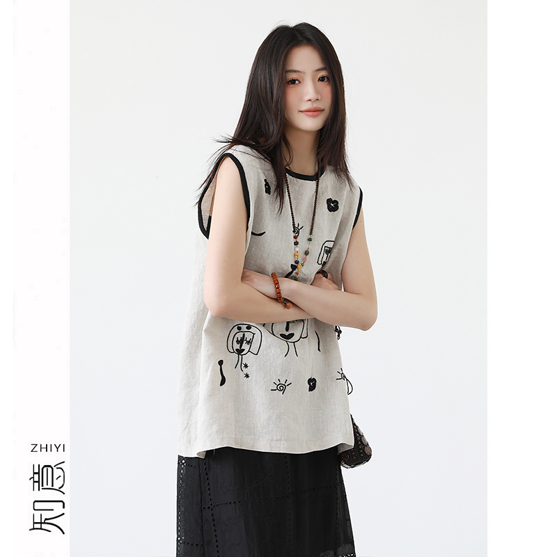 Yunzhiyi 100% Linen Graffiti Embroidered Round Neck Sleeveless Top for Women, Summer Vintage Artistic Loose Slimming Vest