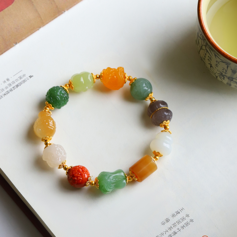 [Tibetan Memory Jewelry] Premium Xinjiang Hetian Jade Natural Gemstone with Gold Multi-Precious Stone Carved Bracelet for Women