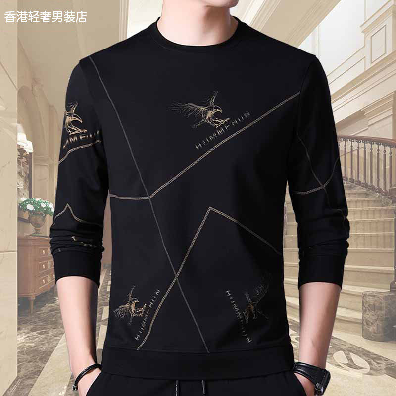 Sweatshirt men's spring autumn season new T-shirt loose trend 100 hitch men long sleeve T-shirt round printed bottom-of-the-shirt tide