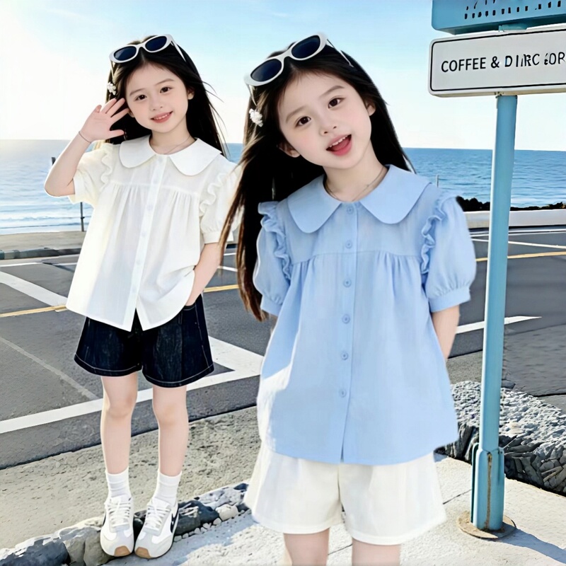 Girls' Short-Sleeve Shirt, New Summer Thin Style, Doll Collar Shirt for Older Children, Pure Cotton, Stylish and Versatile Top for Students Girls' Short-Sleeve Shirt, New Summer Thin Style, Doll Collar Shirt for Older Children, Pure Cotton, Stylish and Versatile Top for Students