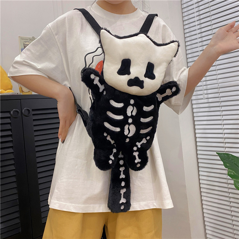 Quirky Plush Backpack Black Little Ghost Skull Shoulder Bag Exquisite Plush Bag High-End Little Devil Cat