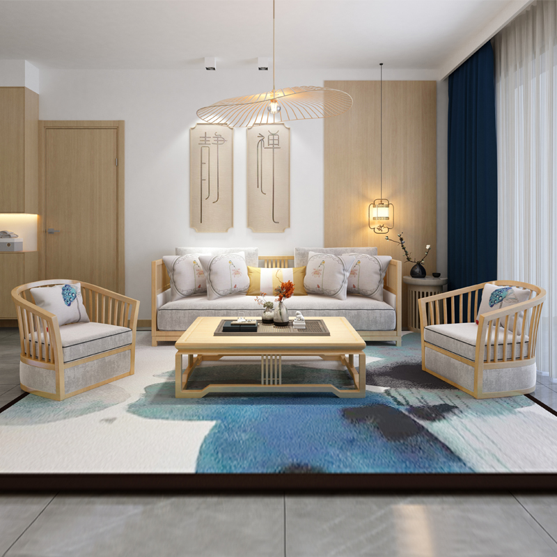 New Chinese solid wood sofas combined modern minimalist light lavish small family living room sofa-like room complete with furniture