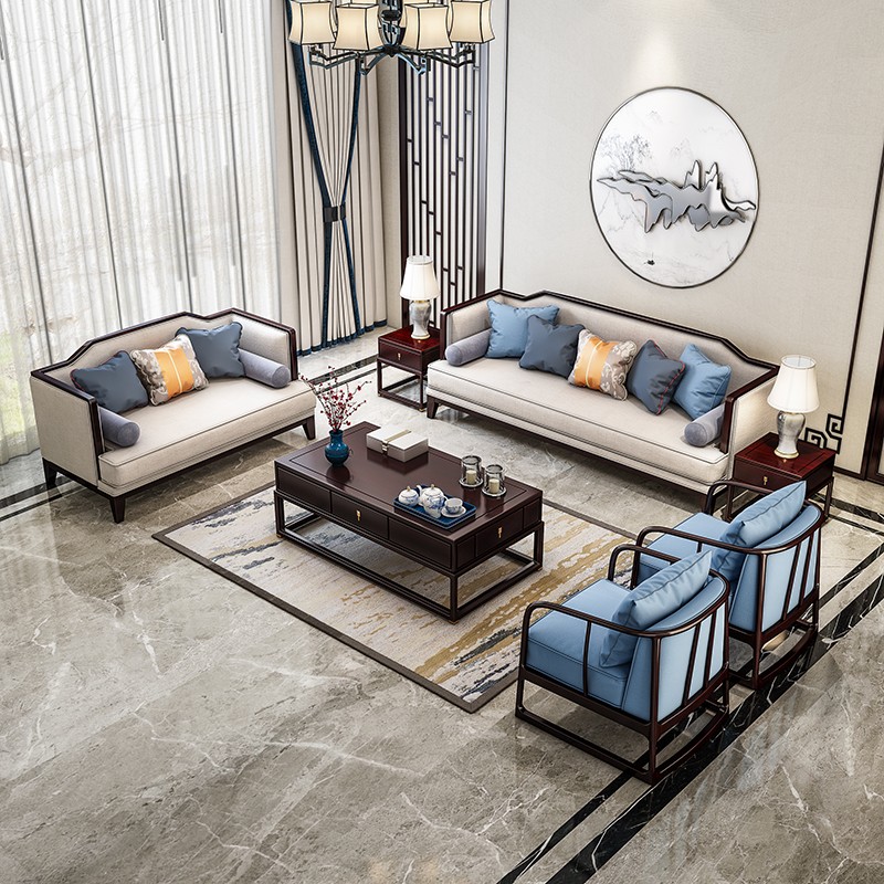 New Chinese solid wood sofa combined modern minimalist living room villa size family light lavish living room complete sets furniture
