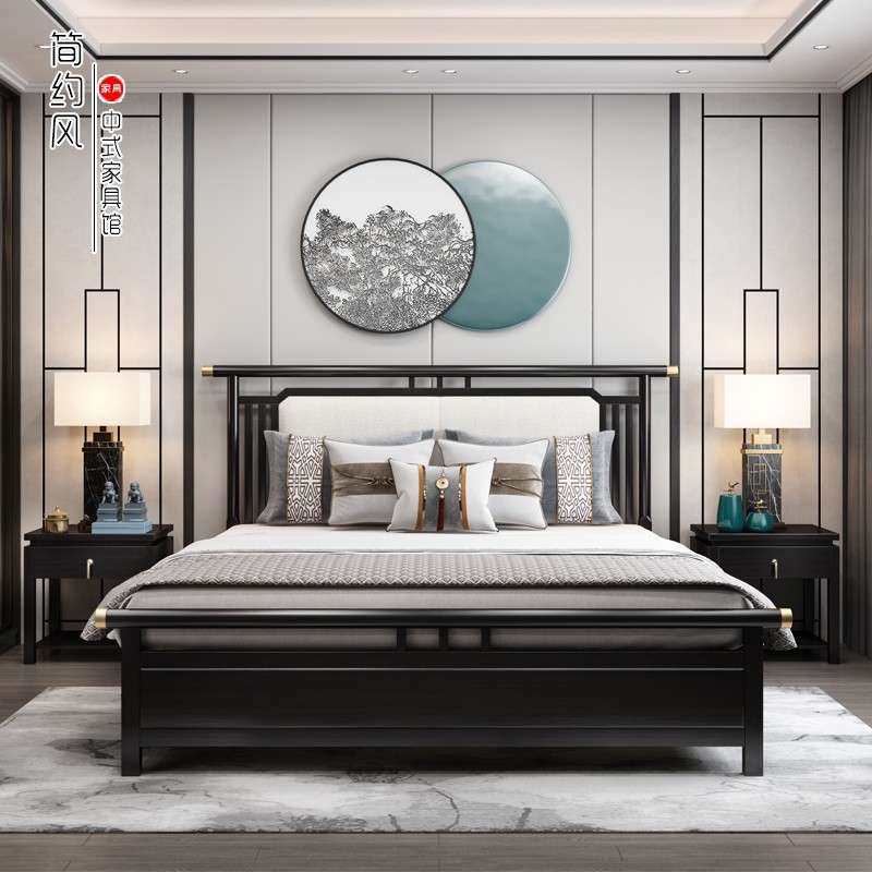 New Chinese solid wood bed linen double bed minimalist modern Chinese style Bedroom 1 8 m Air pressure High case containing bed 1 5m