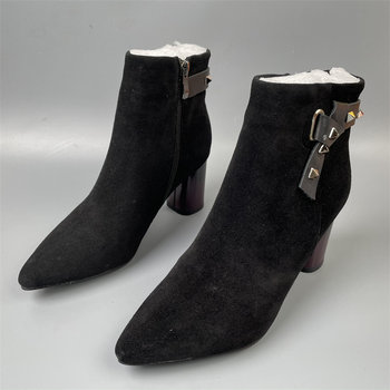 Black pointed toe thick heel genuine leather sheepskin short boots for women winter 36