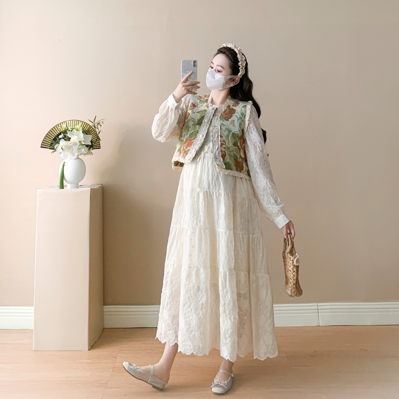 Maternity Wear 2026 Spring & Fall New Style Super Nice Retro Jacquard Vest Dress Two-Piece Set Maternity Lace Skirt