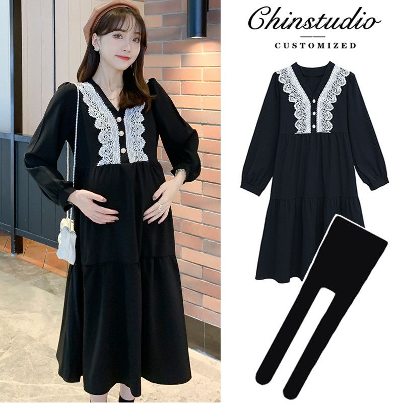 Pregnant women's autumn dress spring and autumn winter coat fashion set new long skirt Net Red Black Tide mother